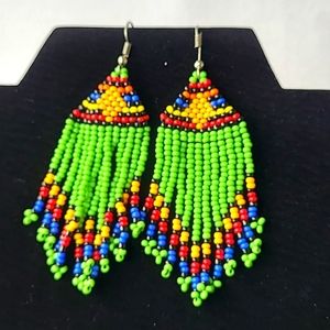 Earrings, African earrings, Ankara earrings, Beaded earrings, Green earrings